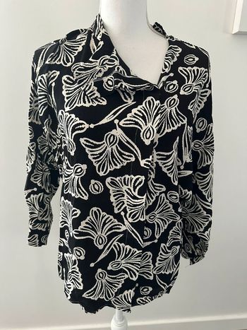 Blouse à manches longues bariolée noire et blanche Vintage T42 XL