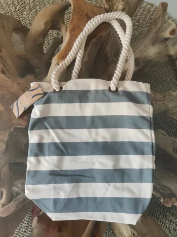 Sac fourré tout plage rayé gris beige poche intérieure