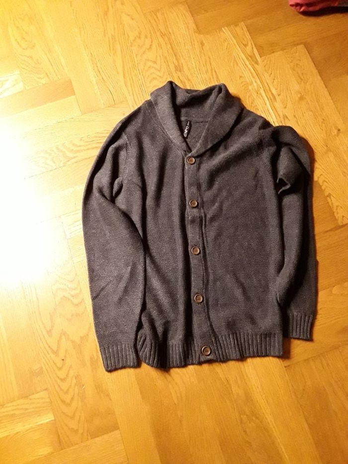 Gilet col chale taille 14 ans bleu gris