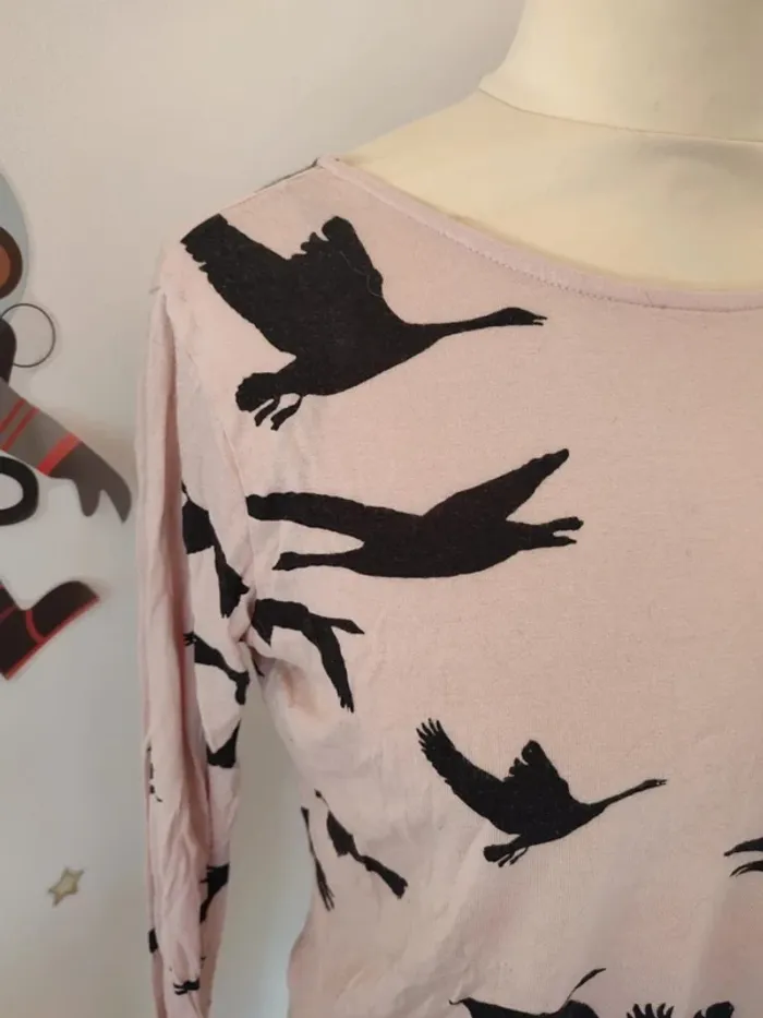 T-shirt fluide rose noir H&M léger oiseau XS - photo numéro 3