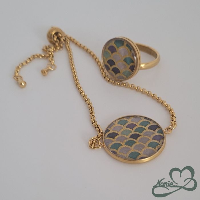 Ensemble Bague et Bracelet en résine doré avec des Écailles - photo numéro 2