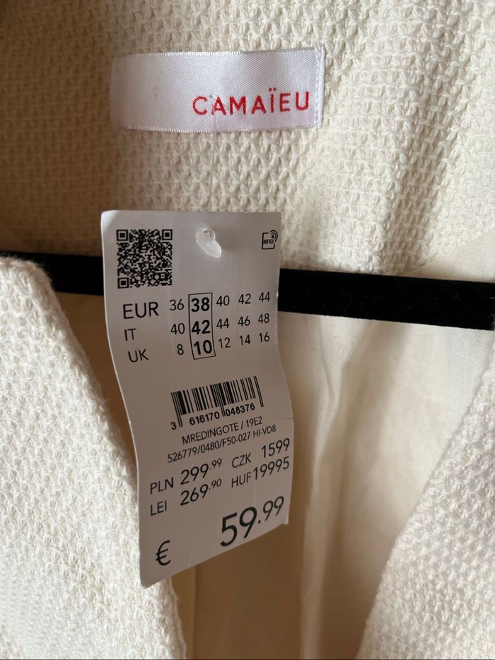 Long manteau blanc écru tissu gaufré T38 Camaieu TBE 🕊 - photo numéro 3