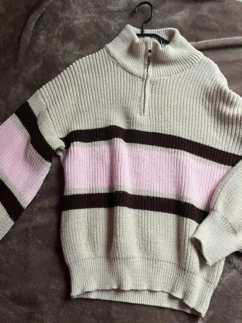 Pull col camionneur rayé tricolore beige