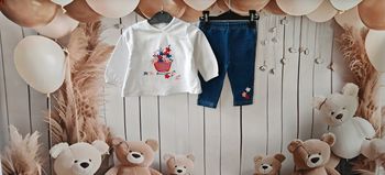 Ensemble Fille 🌼 blouse manches longues + pantalon jean souple – 62cm (3 mois)