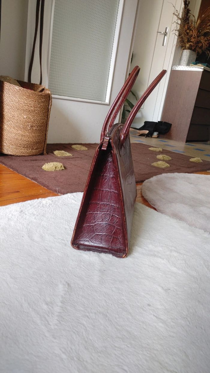 Sac à main en cuir véritable vintage motif exotique crocodile marron tirant sur le rouge - photo numéro 5