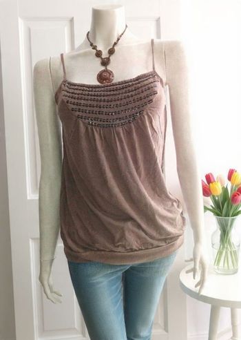 débardeur marron marque Okanagan taille 38 40 paillettes sequins boutons dorés