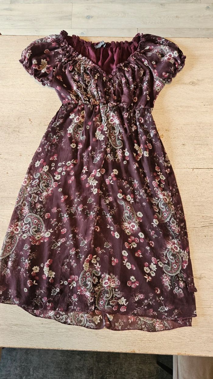 Robe d été en toile doublé mauve à manches courtes, Cassis, taille 38, neuve