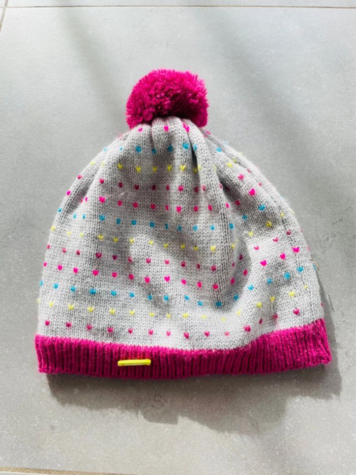 Bonnet hiver multicolore fille avec pompon