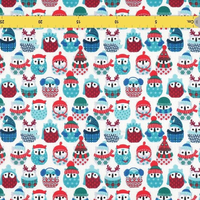 Coupon Tissu cretonne hiboux d'hiver bleu