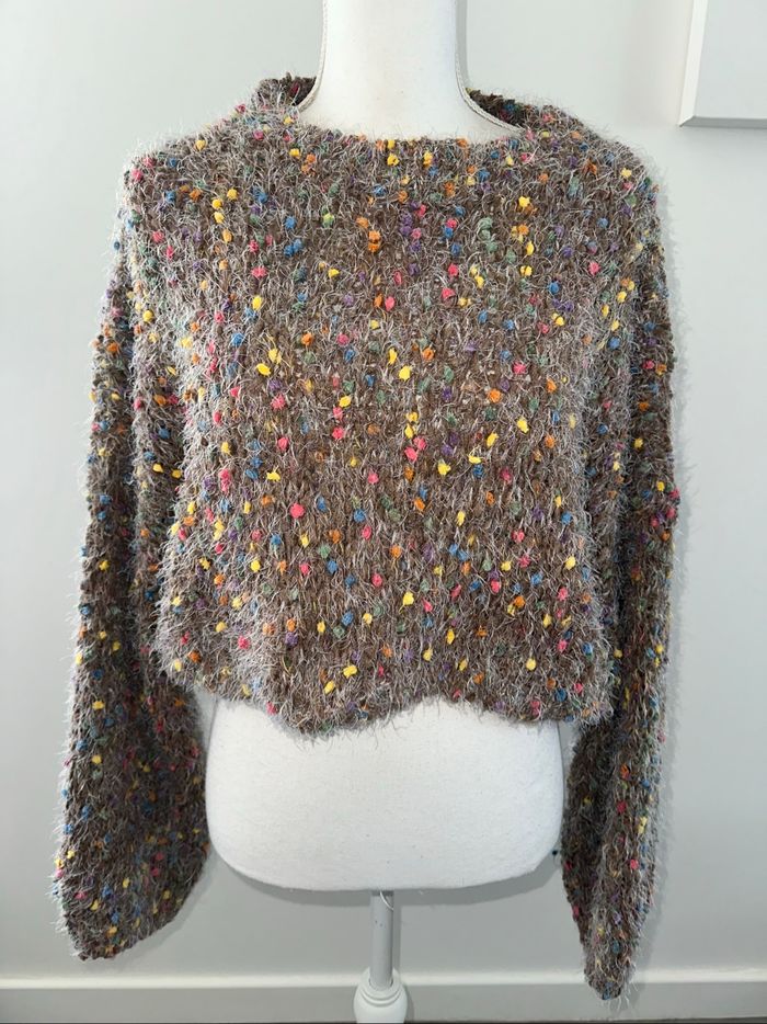 Pull crop top en maille chenille marron et multicolore Vintage Tu
