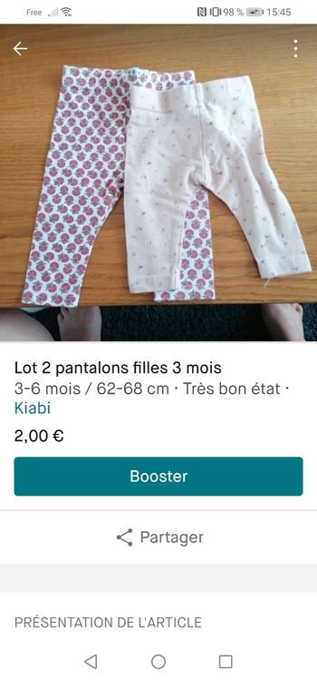 Lot 2 pantalons filles 3/6 mois .