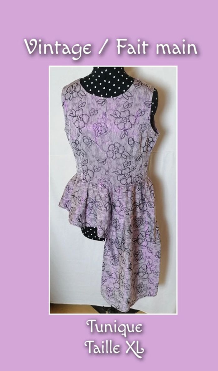 Tunique asymétrique violet brillant fleurs taille XL Vintage