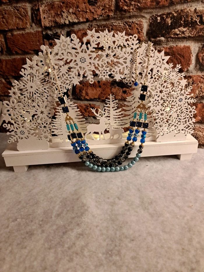 Collier multi rang bleu doré et noir - photo numéro 2