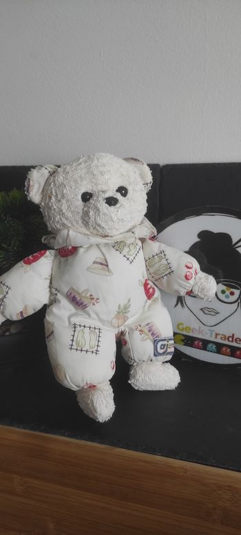 Doudou peluche ours blanc Ajena  ancien vintage panier radis jardin Rouge Courge