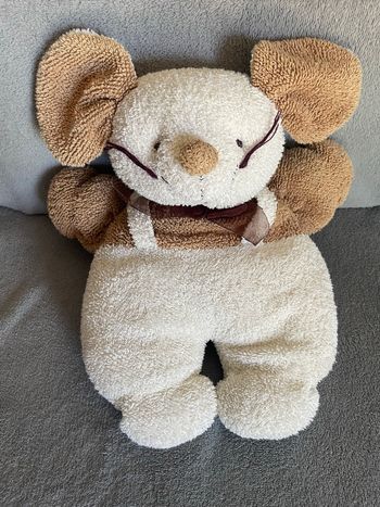 Peluche doudou Souris beige marron noeud grelot éponge CP International