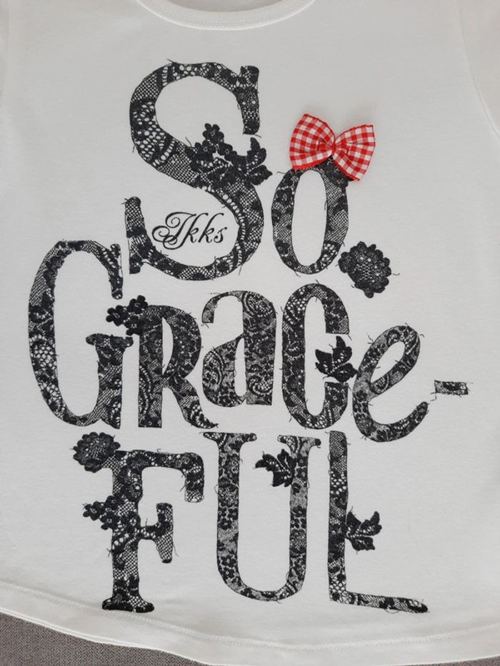 T-shirt manches courtes IKKS 5 ans blanc inscriptions noires effet dentelle - photo numéro 2