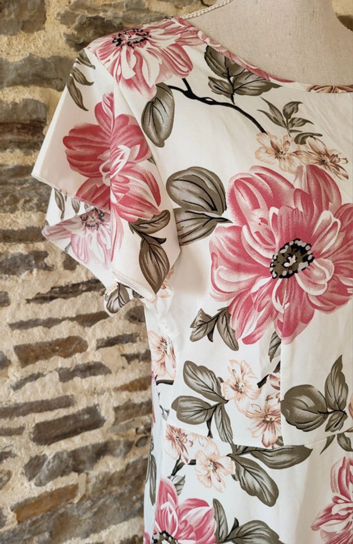Robe de cérémonie ou de cocktail à fleurs rose écru La Redoute Taille XL ou 40/42 - photo numéro 3