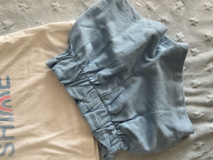 ensemble teeshirt manches courtes blanc inscription devant et short taille élastique bleu 9 mois tex - photo numéro 6