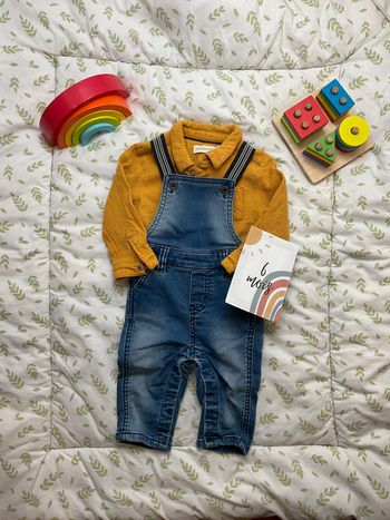 ensemble chemise manches longues moutarde et salopette en jean bleu 6 mois orchestra