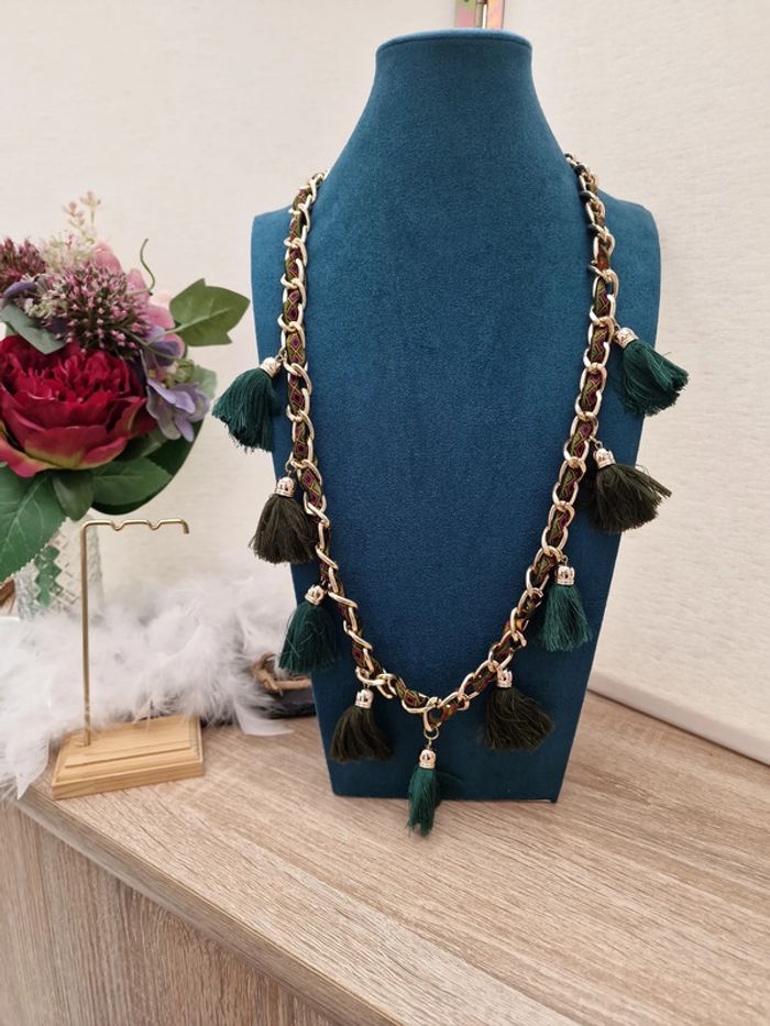 Collier Sautoir Boheme Doré Pompons Verts Ruban Multicolore - photo numéro 2