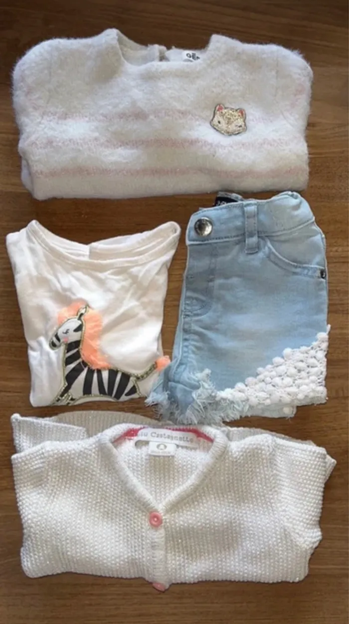 short primark/tee-shirt kiabi/gilet lulu castagnette 3 mois/pull gemo 6 mois offert (etat moyen)
