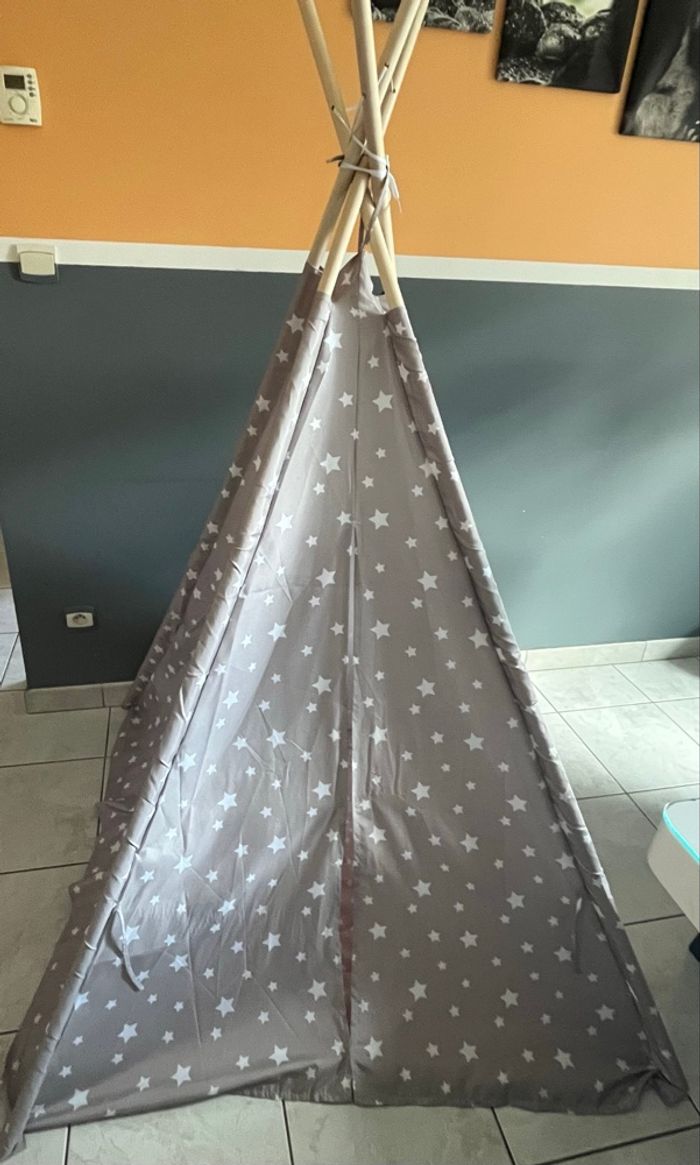 ✨ TIPI enfant en tissu & bois – gris étoilé + tapis rose à pois blancs ✨ - photo numéro 3