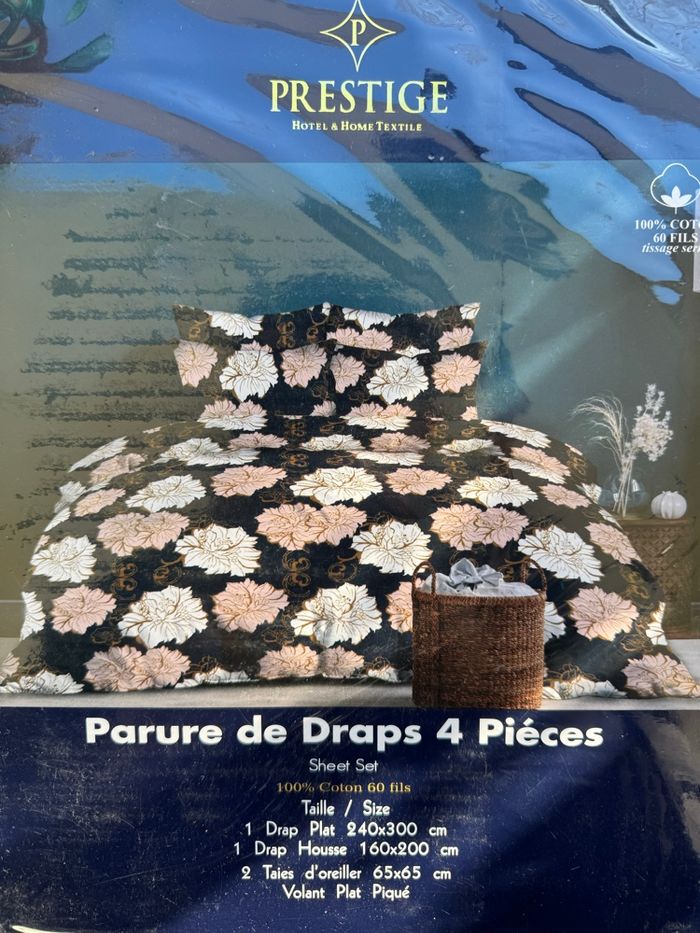 Parure de Lit 4 Pièces • 100% Coton • 160×200 • Drap Plat 240×300 • Taies 65×65 • Motif Floral Luxe - photo numéro 3
