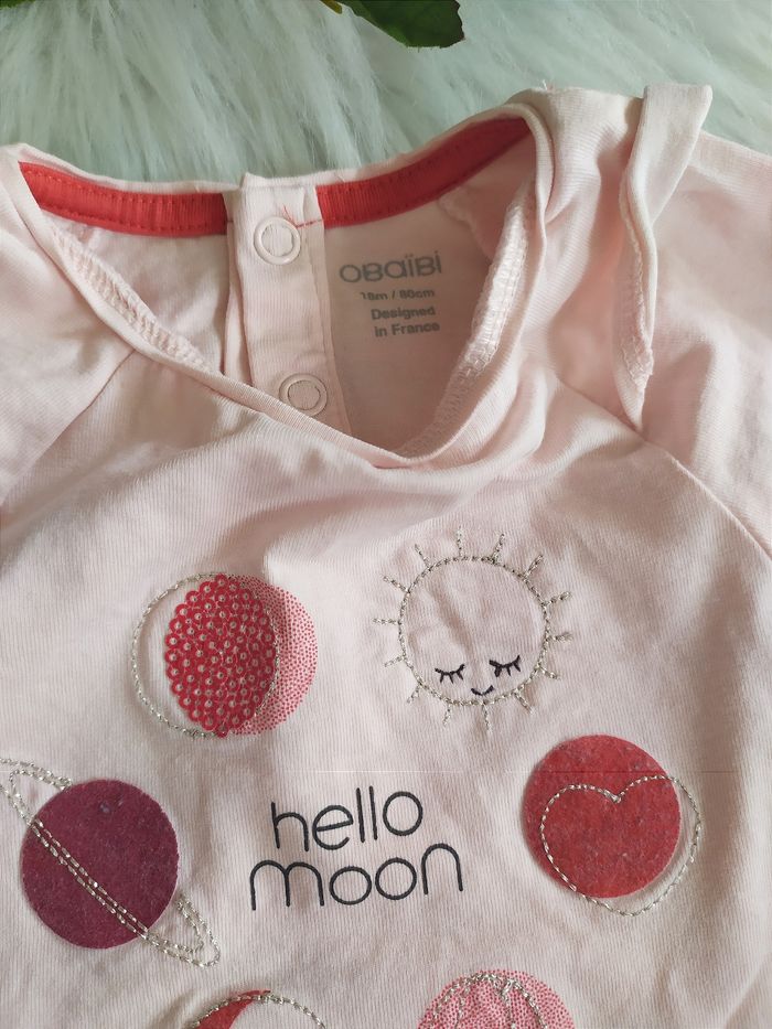 Tee-shirt manches longues bébé fille Obaibi 18 mois = 80 cm inscription Hello Moon - photo numéro 2