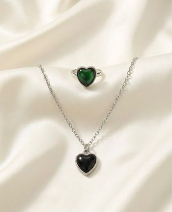 Ensemble bijou bague et collier coeur mood changement de couleur Neuf