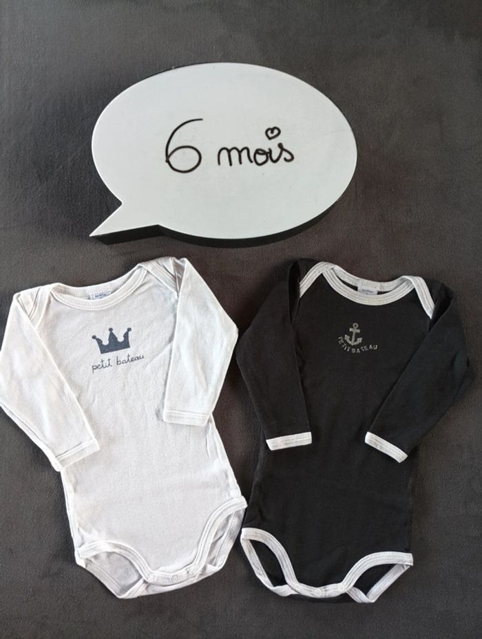 Lot de 2 bodies manches longues Mixte 6 mois couronne ancre Petit bateau 100% coton