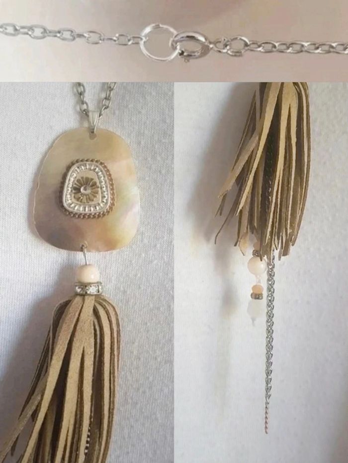 Collier sautoir pendentif nacre irisé strass pompon beige 🇨🇵 Fabrication Artisanale - 65 cm - photo numéro 2