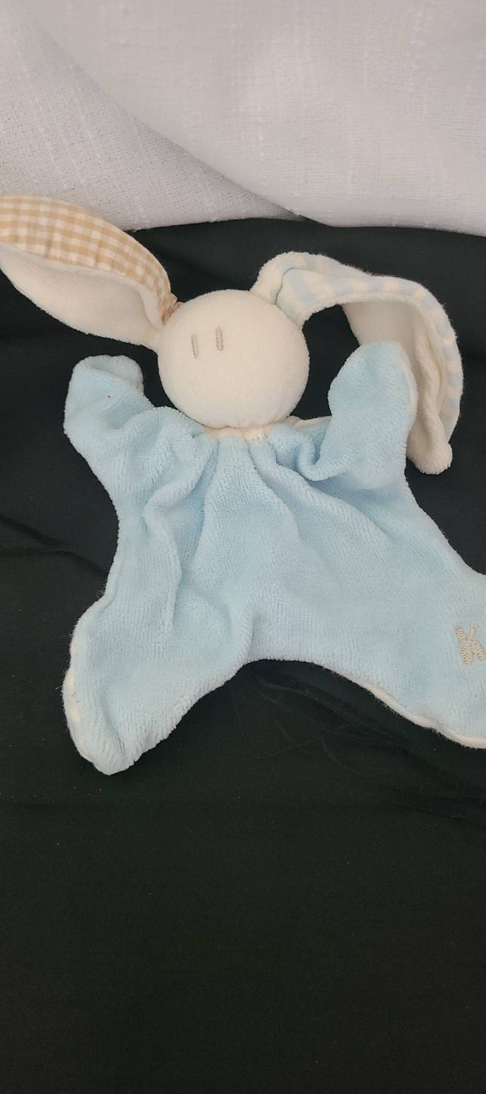 Doudou Peluche Plat Lapin Keptin Jr Ecru Et Bleu Little oddel coton bio Grelot - photo numéro 2