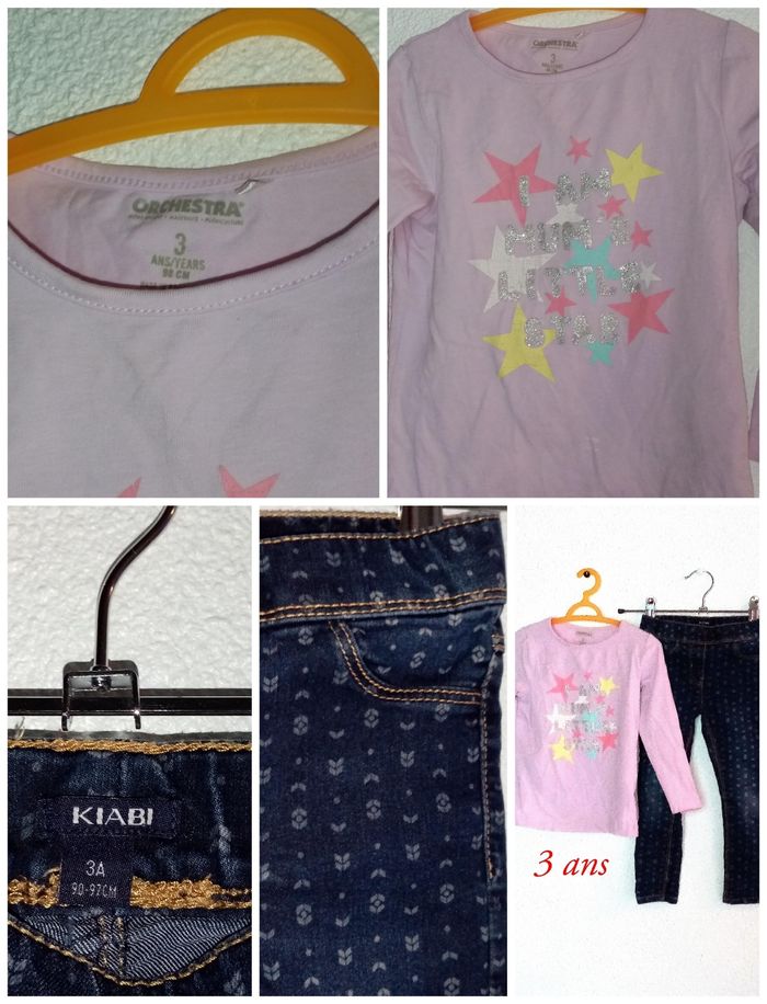 3 ans Ensemble orchestra /kiabi tee-shirts lila et jean imprimer toutes saisons /Excellent état - photo numéro 3
