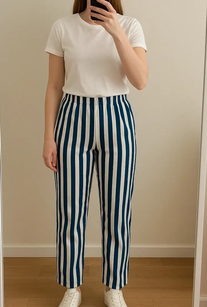 Pantalon fluide bleu marine et blanc