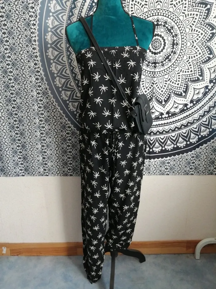 Combinaison noire dos nu motifs palmiers tropicaux lien à nouer / zeeman / (38)