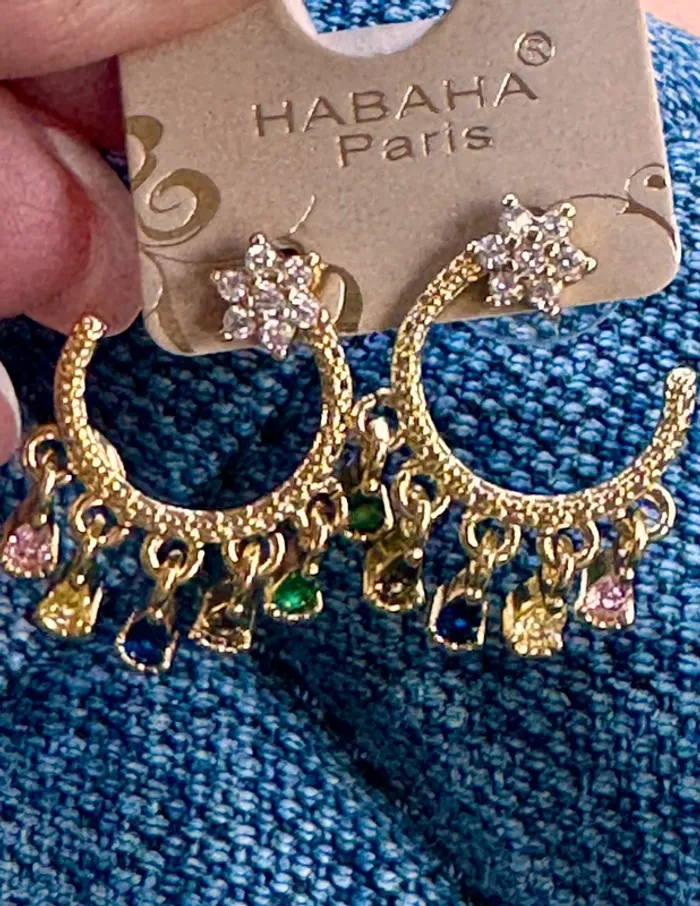 Boucles d’oreilles habaha Paris lune étoile acier inoxydable or cristaux blanc et couleurs - photo numéro 2