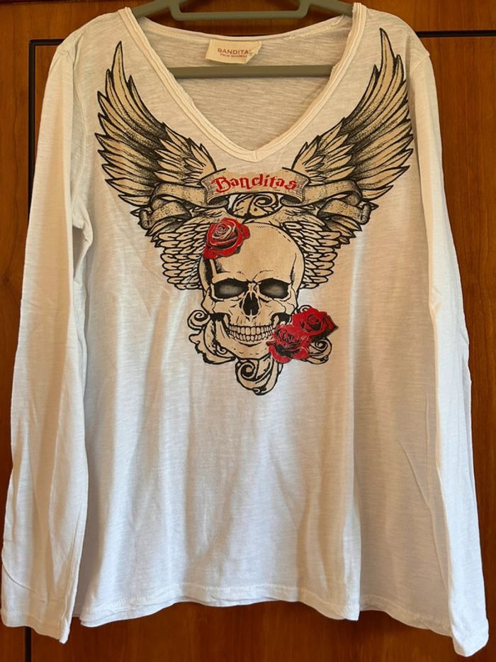 T-shirt manches longues col v skull Banditas