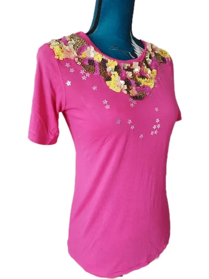 Superbe tee-shirt original magenta sequins Kookaï - Pink Crush - photo numéro 3