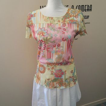 Blouse petites manches voile style résille Fleurie pastel Jacqueline Riu taille 3