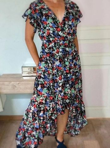 Robe  asymétrique longue  - Fleurie  -  L'Olive  Verte -  S/M -  Comme  Neuve