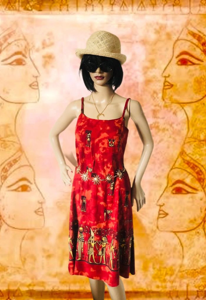 🌴Robe d’été ethnique fluide imprimé pharaons🌞Red summer dress Egyptian vibes🇪🇬 - photo numéro 3