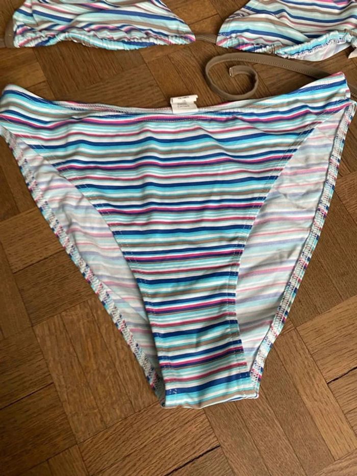 Maillot de bain 2 pièces taille 44 rayé bleu rose et marron - photo numéro 2