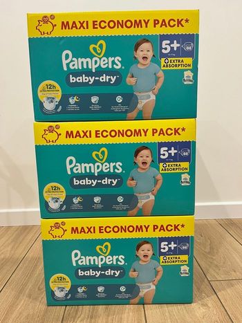 🔹3 Packs Pampers Baby-Dry Taille 5+ Maxi Economy – 264 couches – Neufs scellés