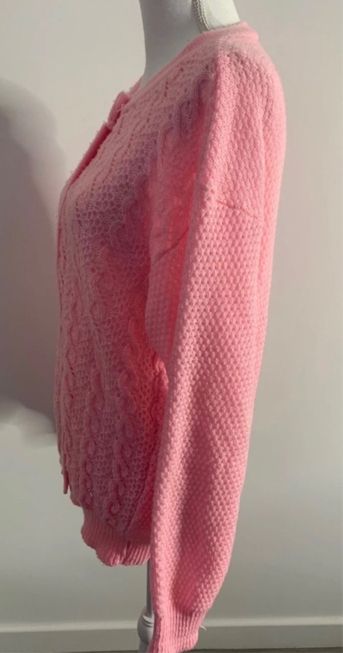 Cardigan en laine rose bonbon mailles torsades Vintage T44 XXL - photo numéro 5