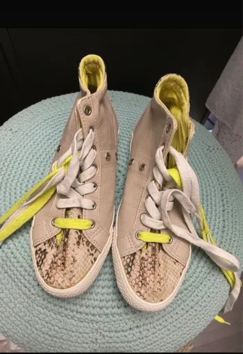 Baskets montantes beiges effet python et lacets fluo - Taille 36 -