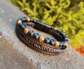 A12 bracelet jonc cuir marron œil de tigre fermoir magnétique