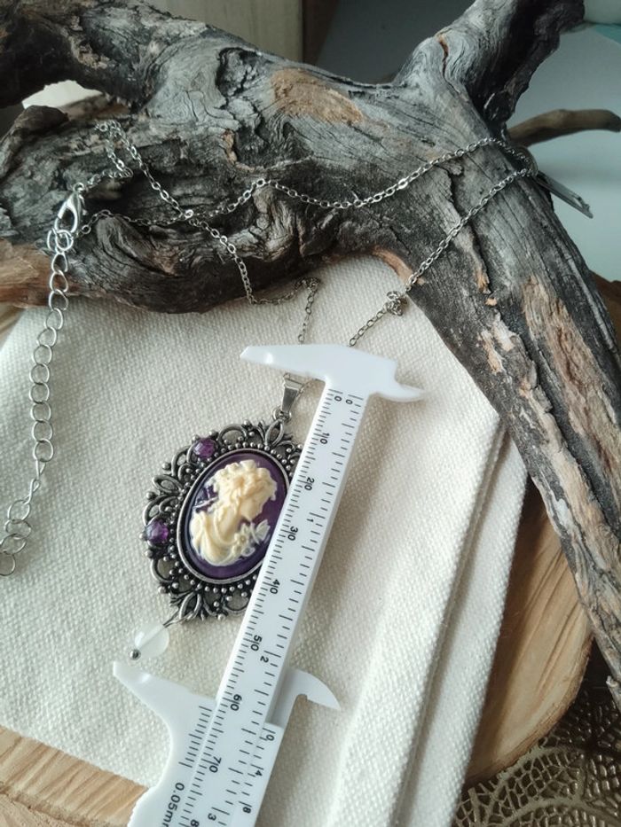 Collier camée pierres d'améthyste et opaline - photo numéro 3