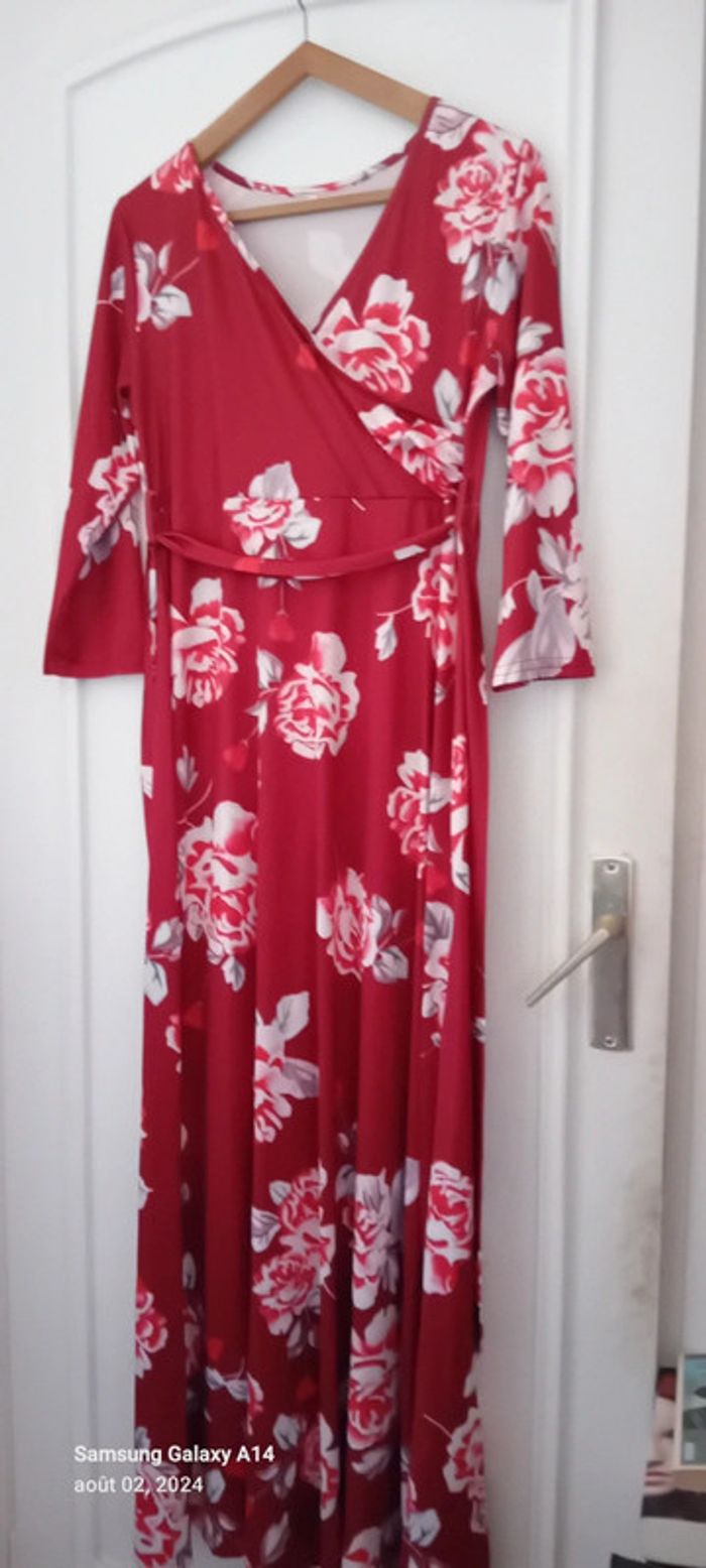 Robe très longue viscose motif roses bordeaux femme L - photo numéro 3