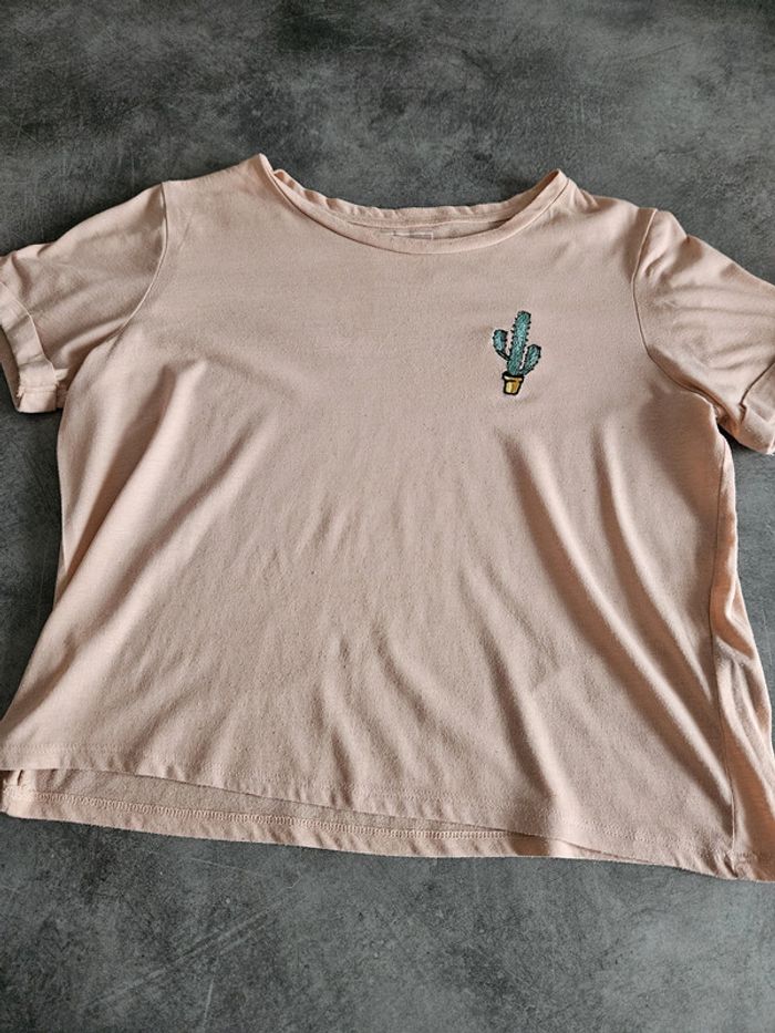 T-shirt top à manches courtes femme - Taille S / 36 - Undiz - Rose pâle brodé cactus - photo numéro 5