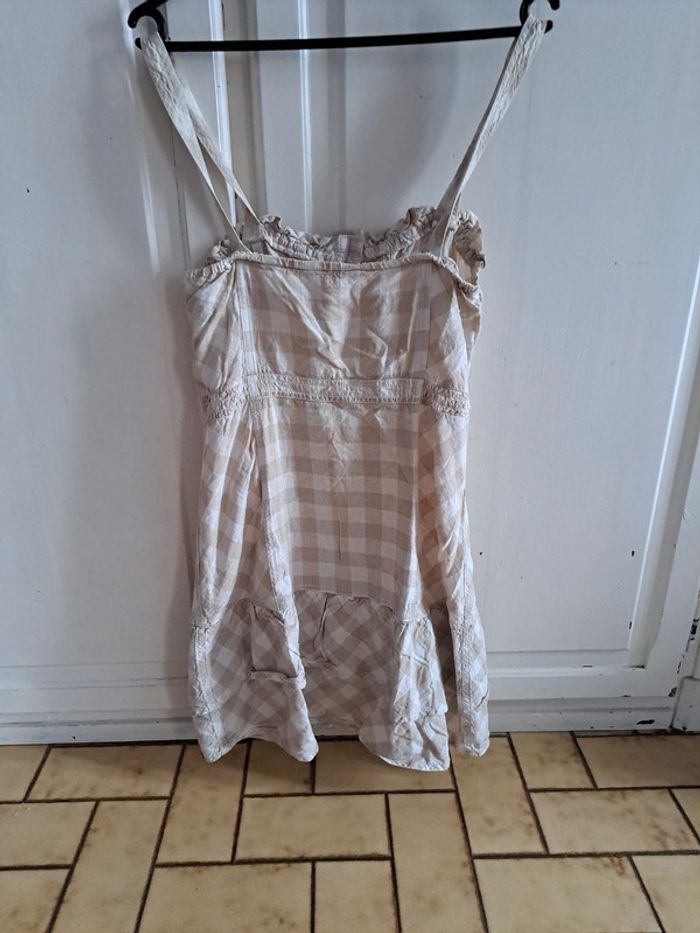 Robe à bretelles en lin à carreaux beige 34 - photo numéro 3